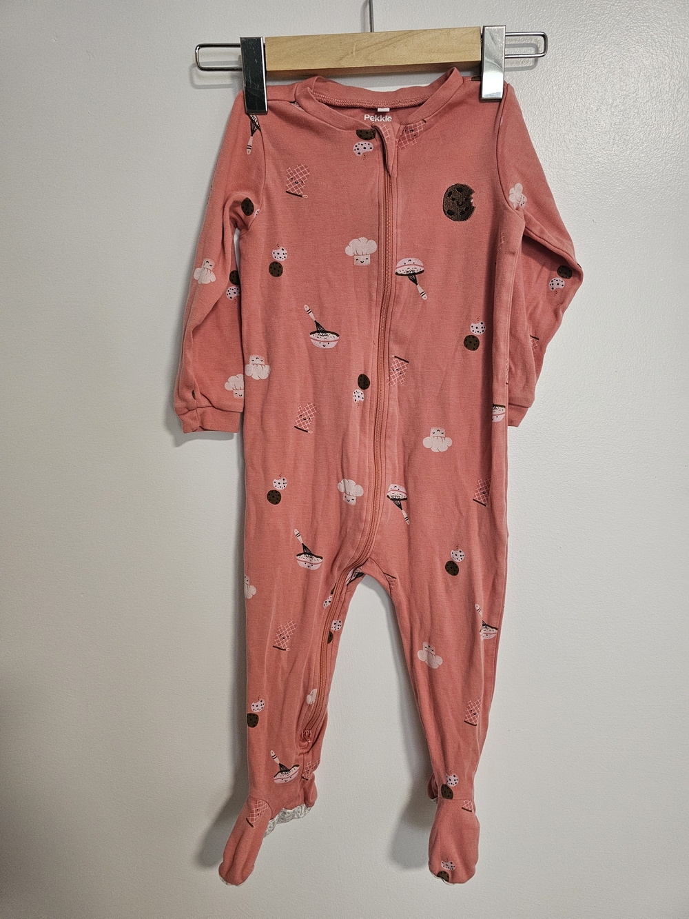 🧸4/20$ Pekkle Pink Kids One-Piece Footed Pajamas Cookies Breakfast Size 24M